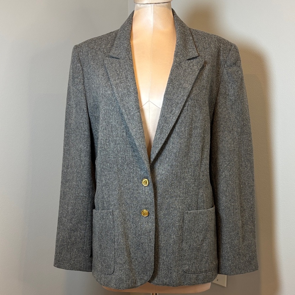 Vintage Panther Gray Wool Blazer Gold Crest Buttons Women Medium